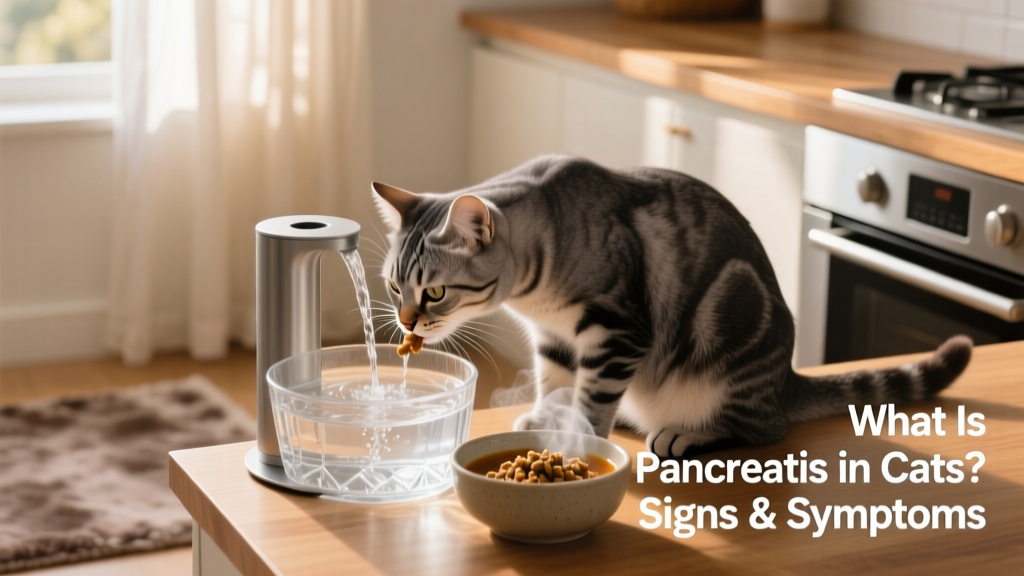 A cat drinking from a sleek, transparent water fountain beside a bowl of wet food mixed with broth