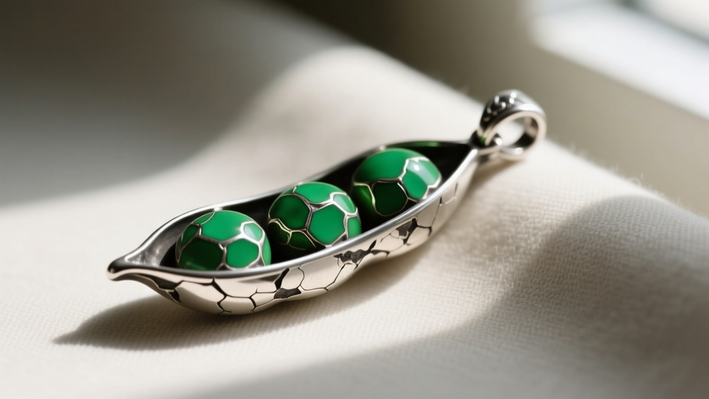 Macro shot of a sterling silver pea pod pendant showing chipped green enamel revealing oxidized silver base metal underneath.