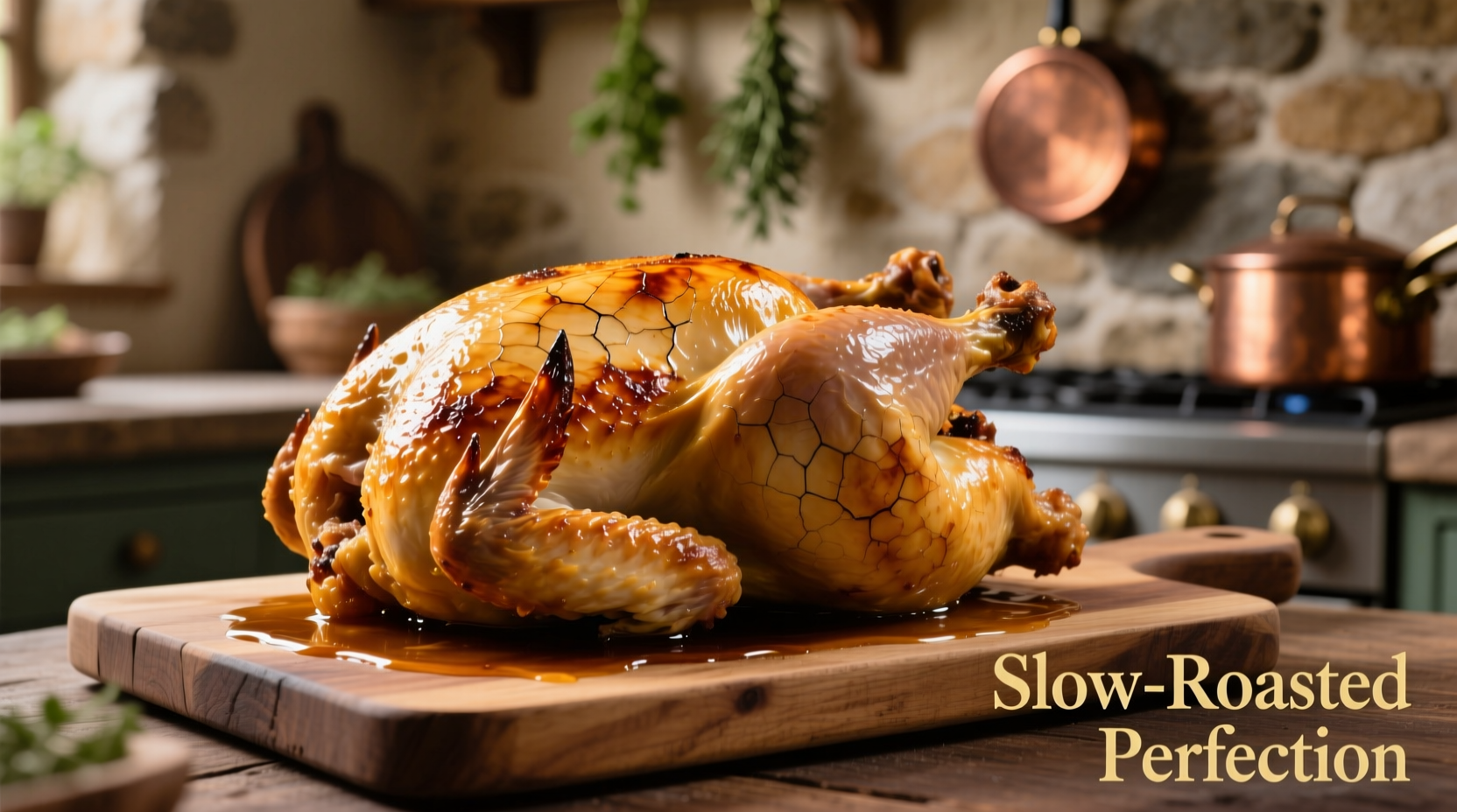 Perfectly roasted whole chicken with golden skin on wooden board