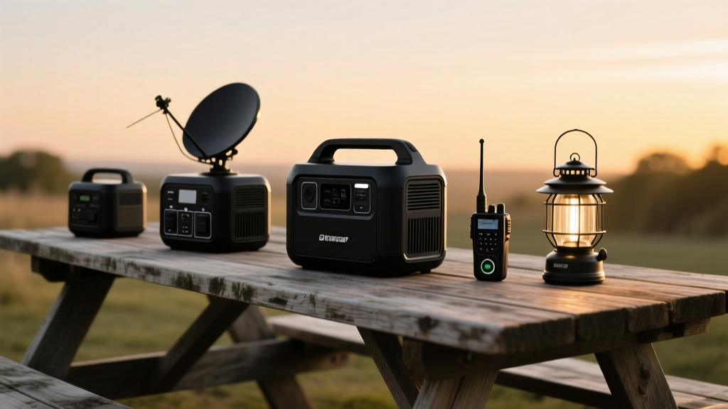 Flat lay of matte black portable power stations, satellite communicators, and smart lanterns on a weathered wooden picnic table at dusk