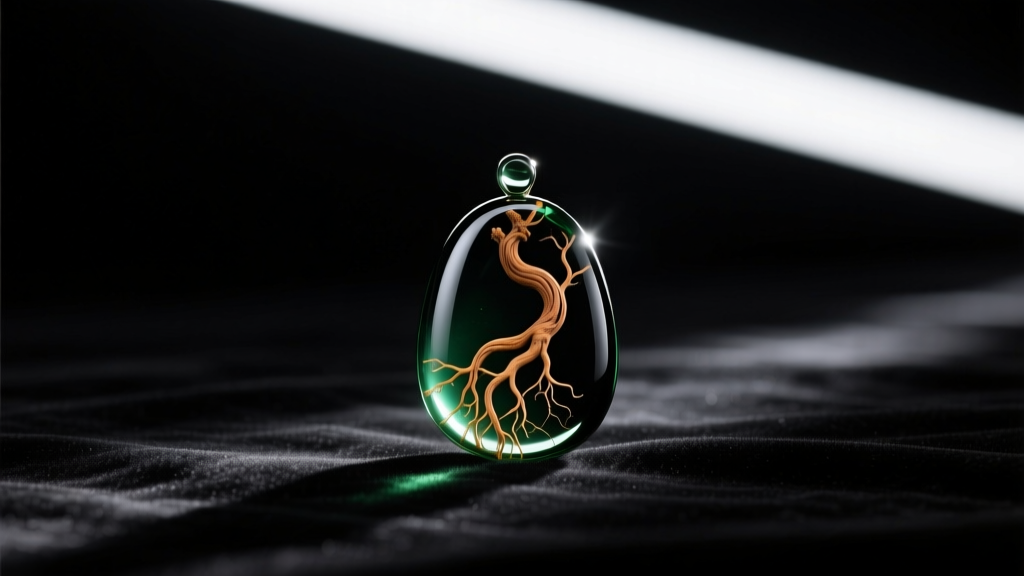 Dark glass relic pendant containing a twisted botanical root, resting on black velvet under moody, dramatic studio lighting.