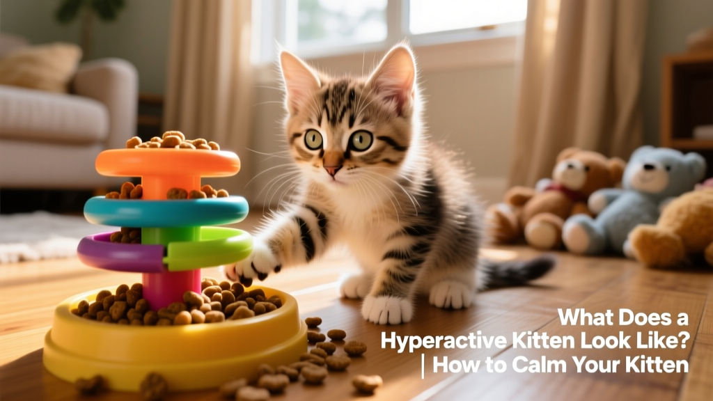 A curious kitten investigating a colorful food puzzle toy filled with kibble