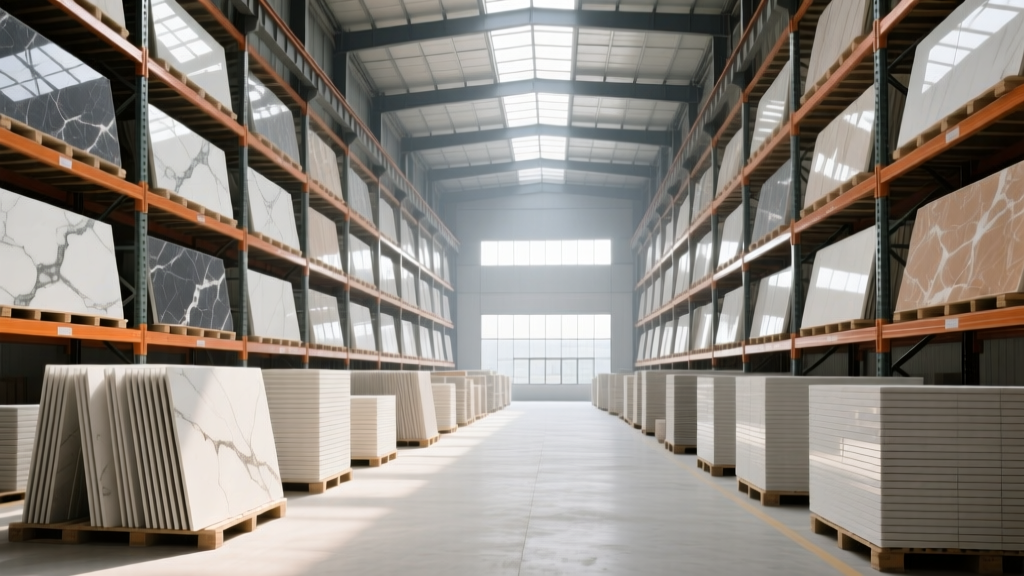 Expansive interior of a Foshan Chinese building material warehouse featuring towering racks of engineered quartz slabs and stacked porcelain tile pallets