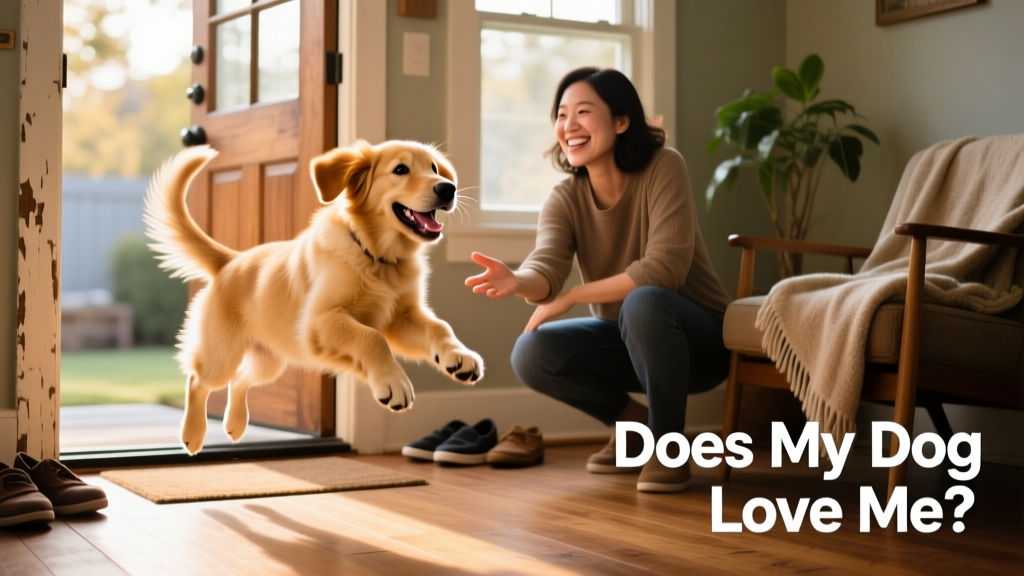 A joyful dog leaping toward their person at the front door, tail wagging wildly