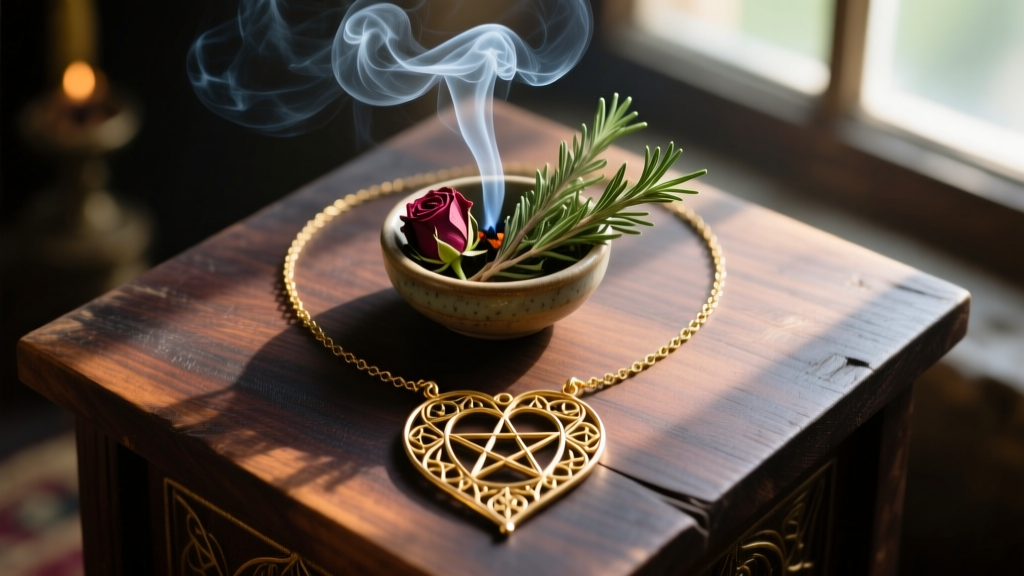 Top-down view of a brass love witch necklace cleansed by smoke from smoldering dried rosemary and sage on a dark wooden altar.