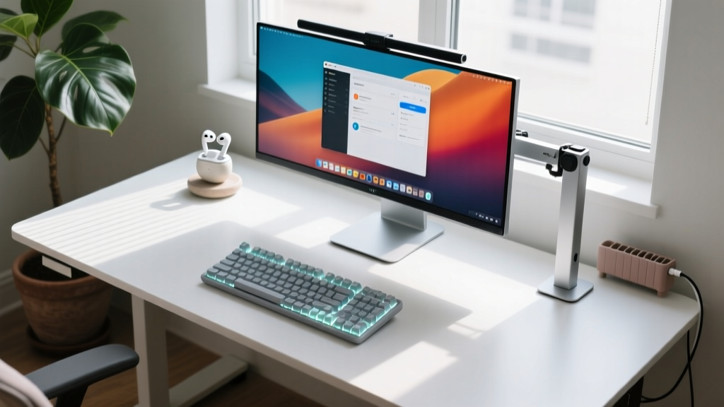 Top-down view of compact 48-inch home office desk with ultrawide monitor on aluminum arm and low-profile mechanical keyboard