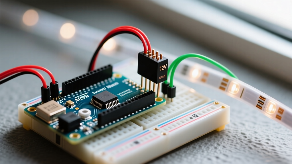 Wiring diagram showing an Arduino Uno Rev3 connected to a logic-level MOSFET and a 12V analog LED light strip with a separate power supply.