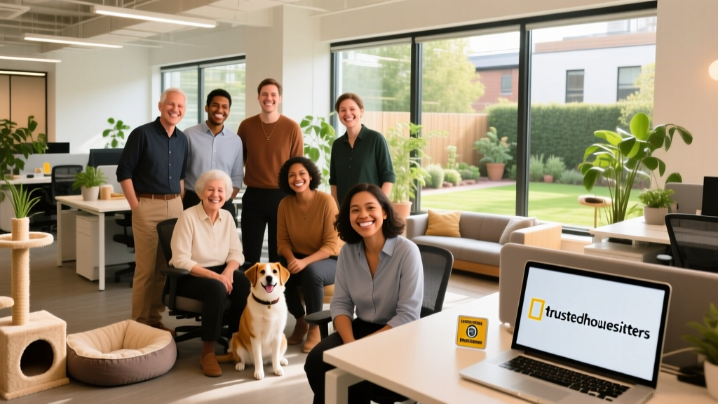 A friendly, diverse team of pet-loving professionals smiling at the camera in a bright, welcoming office setting