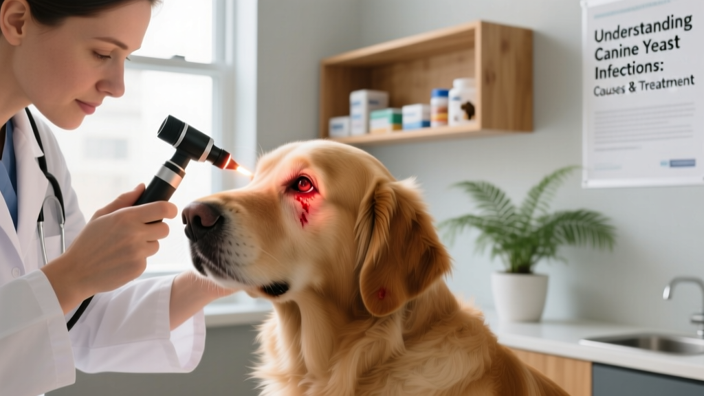 Veterinarian gently examining a dog’s ear with an otoscope during a routine check-up