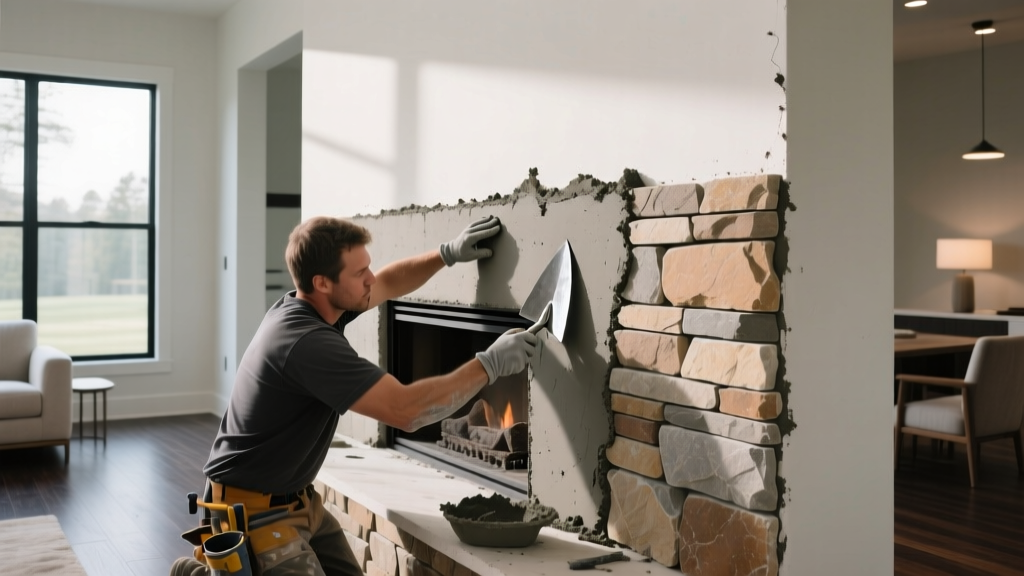 Mason applying mortar to cement board while installing stacked stone veneer panels on a modern living room fireplace wall surround