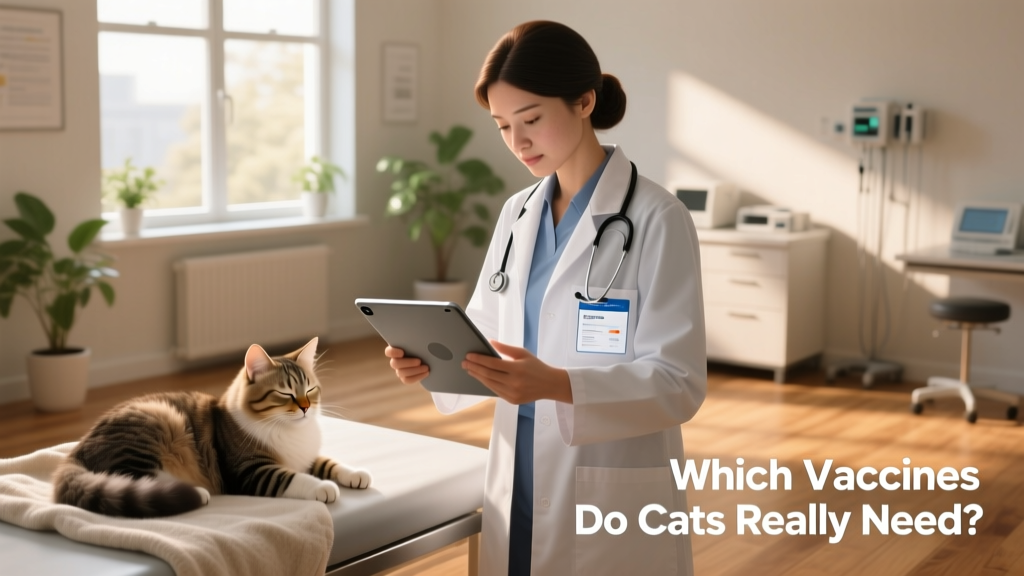 Veterinarian reviewing a digital vaccination record on a tablet while a cat rests nearby