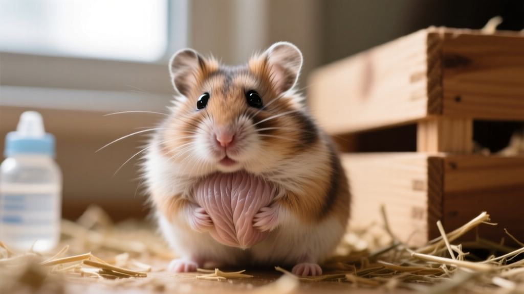 Close-up of a hamster with one cheek visibly full of food, showing natural stretch and texture of the pouch