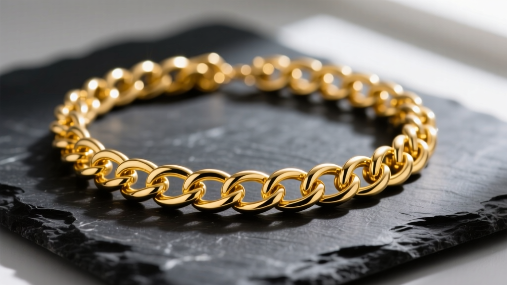 Macro shot of an 18k yellow gold Byzantine chainmail necklace on dark slate, showing the interlocking ring weave pattern