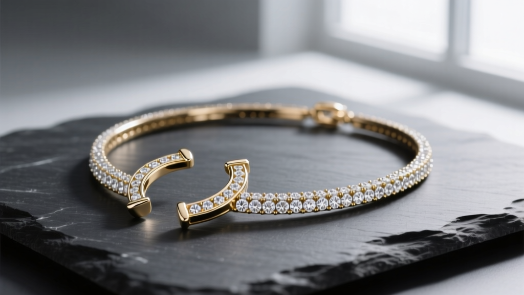 A 14k white gold diamond horseshoe necklace resting on dark slate, highlighting micro-pave melee diamonds along the curved U-shape