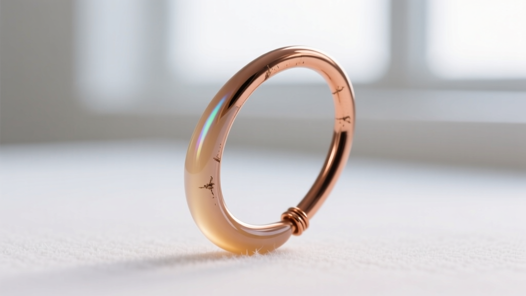 Macro shot of a 20-gauge copper ear wire with clear wax coating applied with a soft cloth in a bright jewelry studio setting.