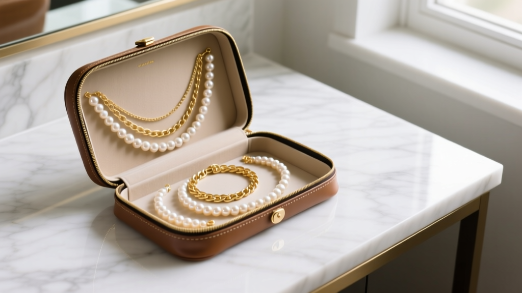 Flat lay of a structured leather jewelry travel roll open on a marble vanity, displaying untangled gold chains and pearl necklaces