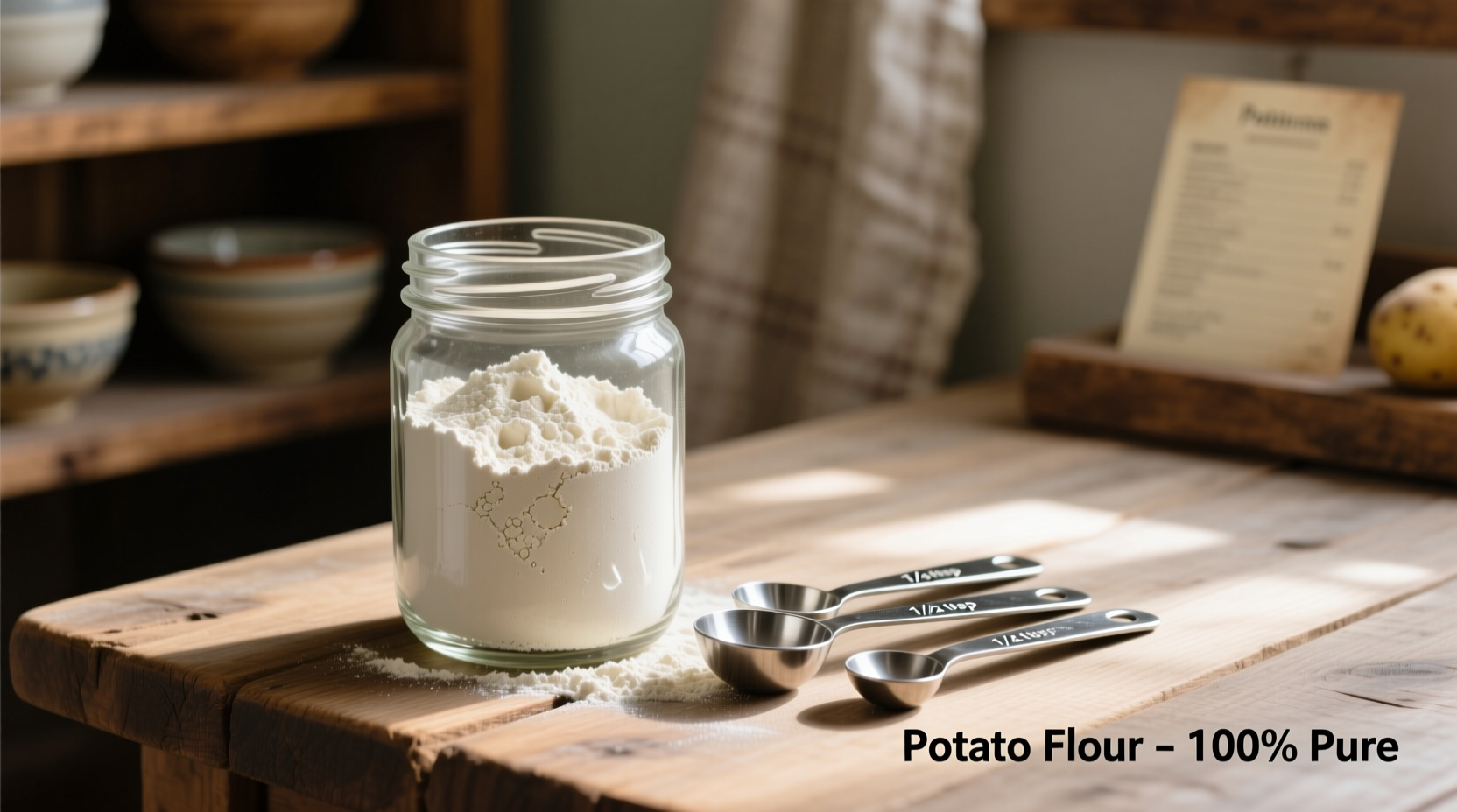 Potato flour in glass jar with measuring spoons