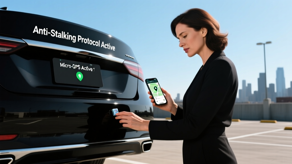 A woman discreetly placing a micro-GPS tracker under her car bumper while checking her smartphone for anti-stalking verification.