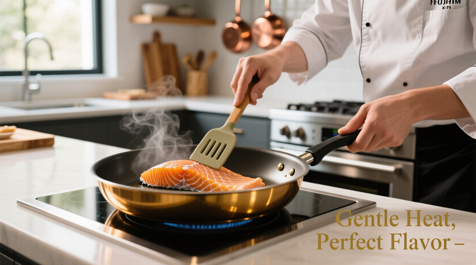 Chef gently warming smoked salmon in non-stick skillet