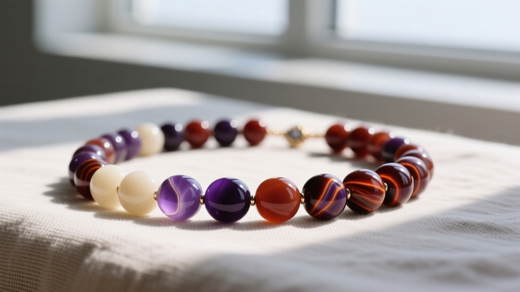 Beaded mookaite necklace on linen, macro focus on cream, purple, and brick-red matrix patterns in smoothly polished gemstones.