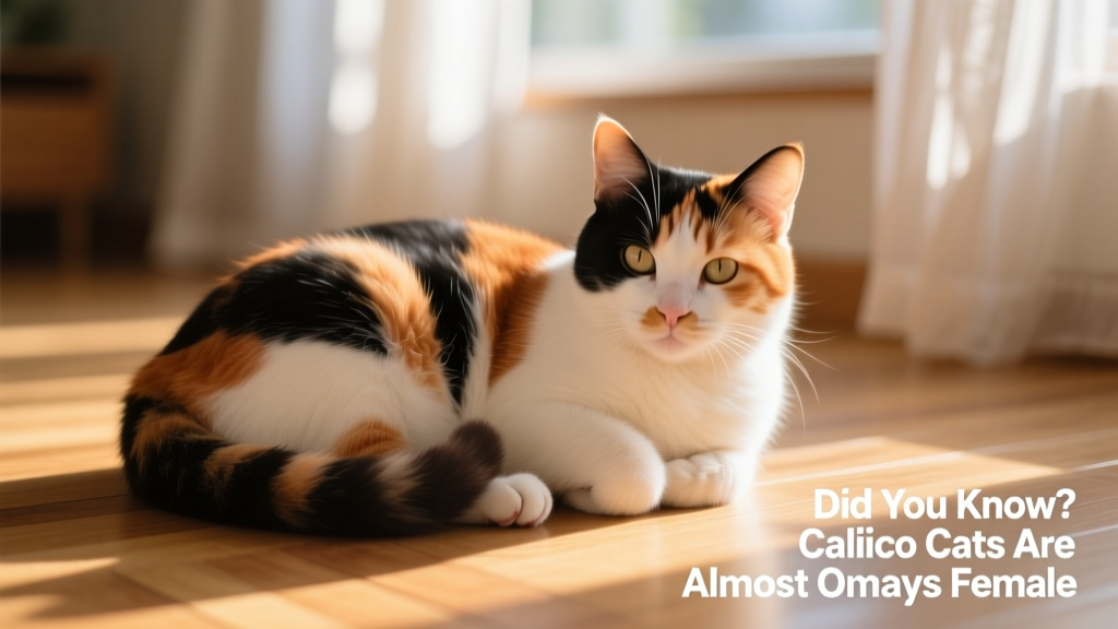 A relaxed adult calico cat curled in a sunbeam, showcasing gentle expression and soft, well-groomed fur