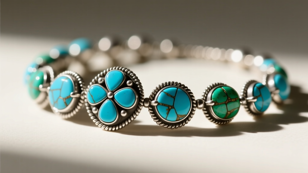 Macro shot of Zuni petit point turquoise stones set in delicate sterling silver bezels along a handmade ornate squash blossom bead.