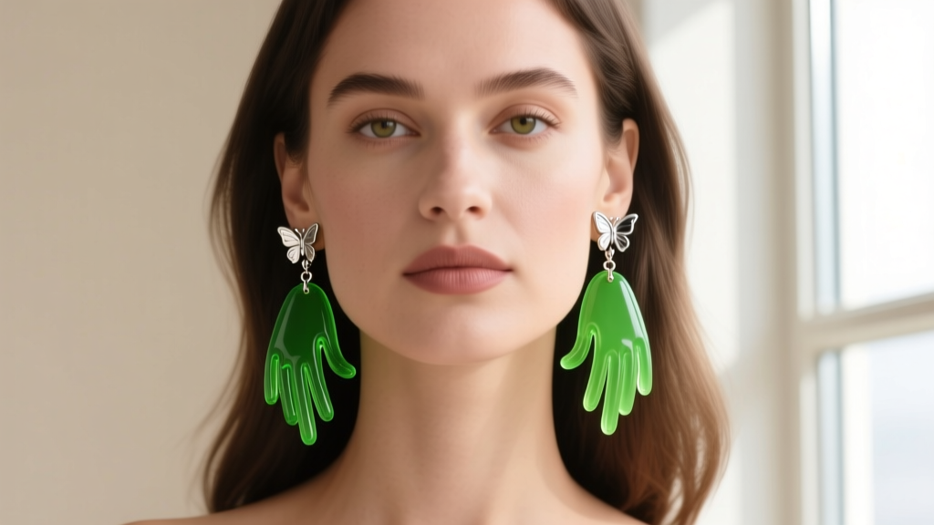 Woman wearing dangling acrylic Grinch hand earrings, highlighting the 20-gauge stainless steel post and secure butterfly backing