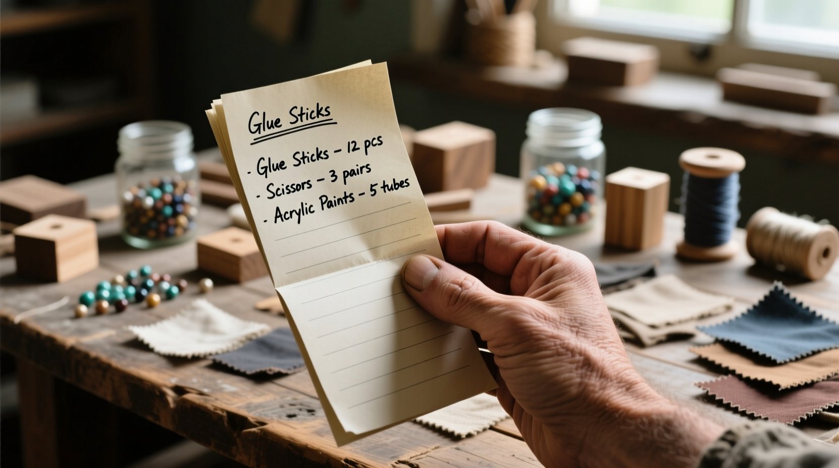 Hand holding craft menu checklist against physical supplies