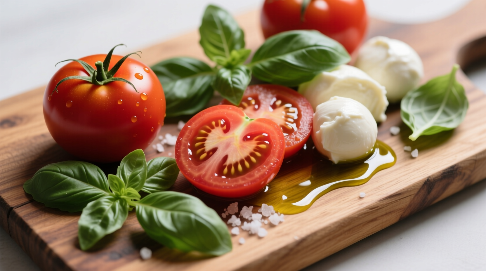 Fresh tomato basil mozzarella ingredients on wooden board