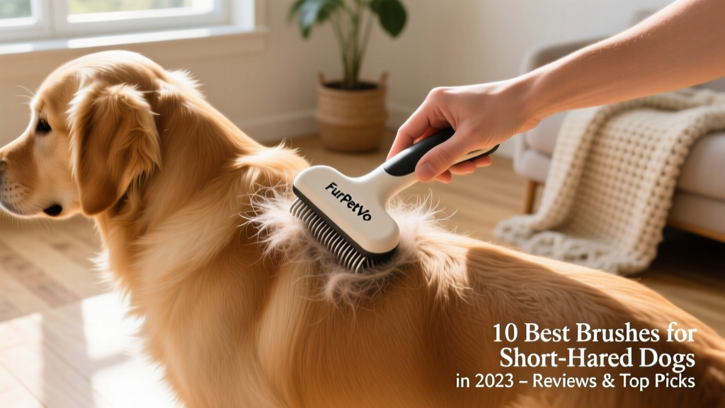 Hand using the FurPetVo deshedding tool on a short-haired dog's flank, showing smooth gliding motion and visible loose fur collecting on the tool