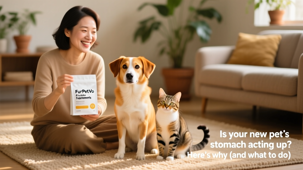 A smiling person holding a small bag of FurPetVo probiotic supplements next to a happy, healthy-looking dog and cat sitting side-by-side on a rug