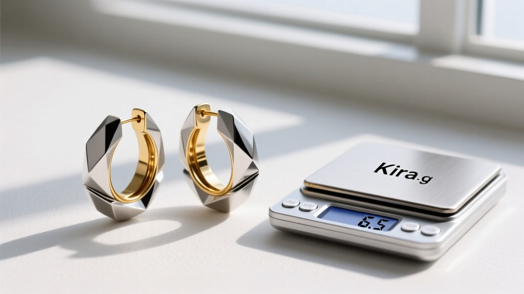 Titanium and gold vermeil Kira multi hoop drops resting beside a digital jewelry scale that displays a precise weight of 6.5 grams