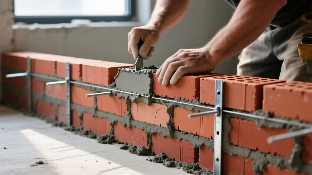 Mason laying red clay modular bricks with gray Type N mortar on a structural cavity wall with visible galvanized steel ties