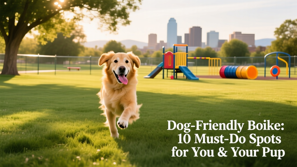 A joyful dog running across open grass in a spacious, fenced dog park with trees and play equipment in the background