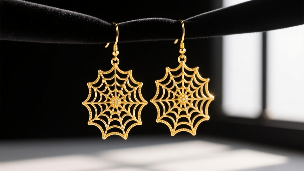 Close-up of 14k yellow gold spider web dangle earrings catching light on dark velvet, highlighting fine intricate wirework.