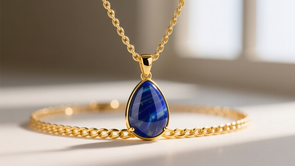 Close-up of a layered 14k yellow gold necklace set featuring a polished lapis lazuli teardrop pendant and a delicate wheat chain