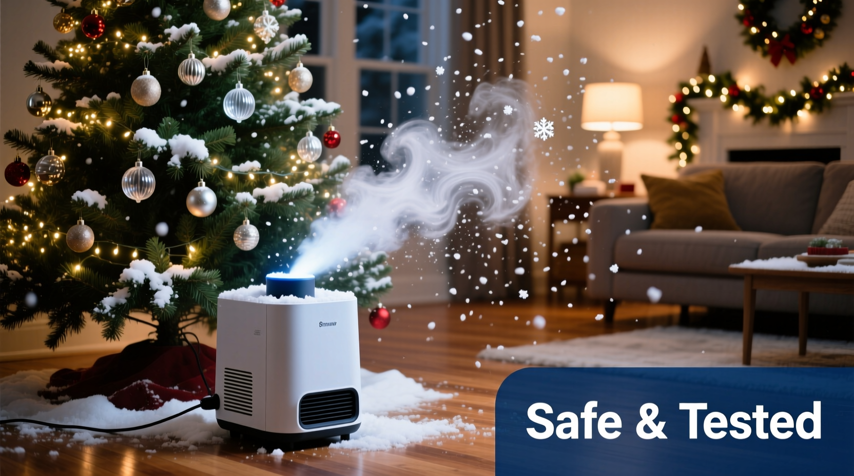 is an artificial snow machine indoors safe around christmas trees