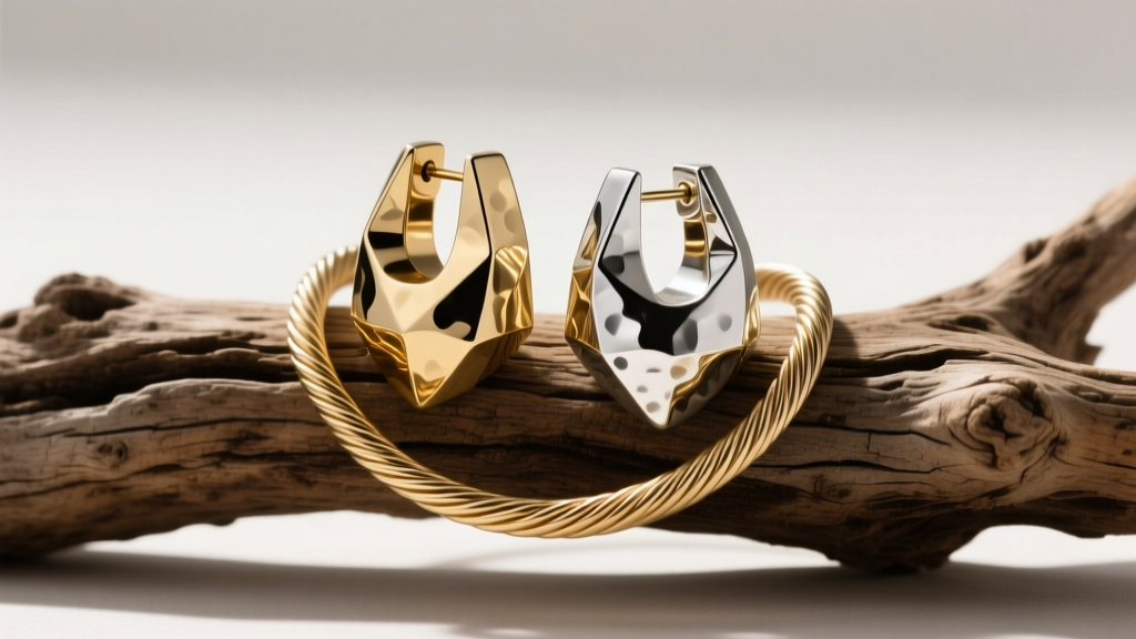 Heavy brass and silver Wylders ear weights resting on driftwood, showcasing the thick 8-gauge wire and hammered metal finish