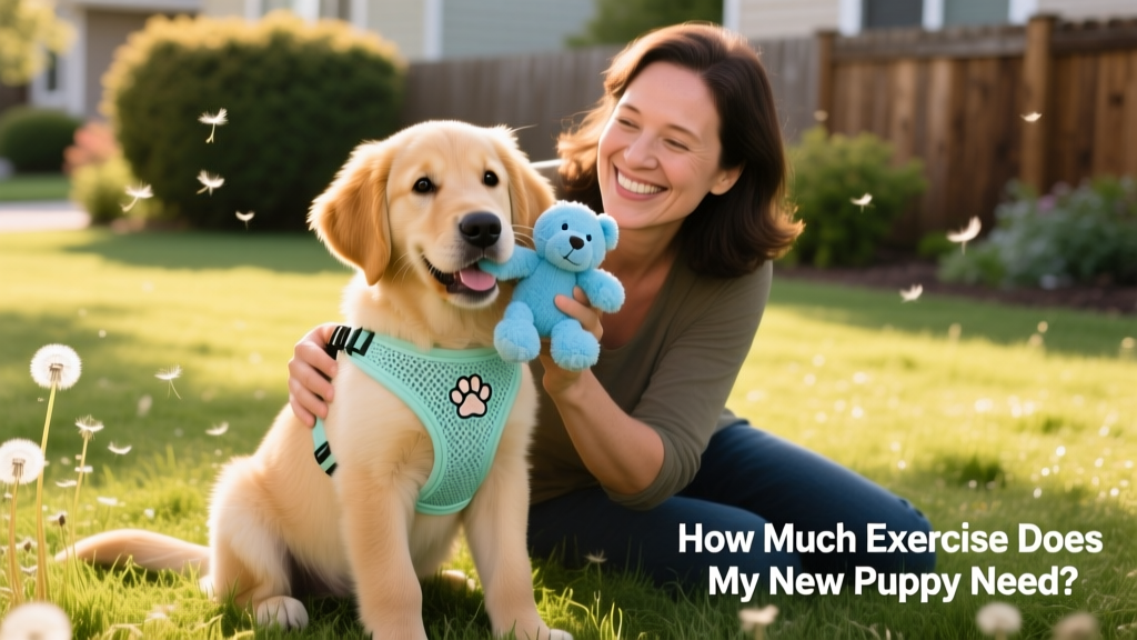 A happy puppy sitting calmly on grass beside its owner, wearing a lightweight harness and holding a soft toy