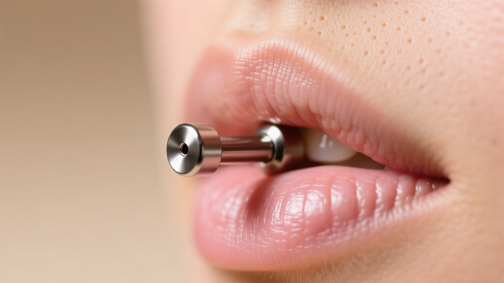 Macro shot of a healing helix piercing with a 16-gauge titanium flat back labret, showing healthy tissue with no redness.