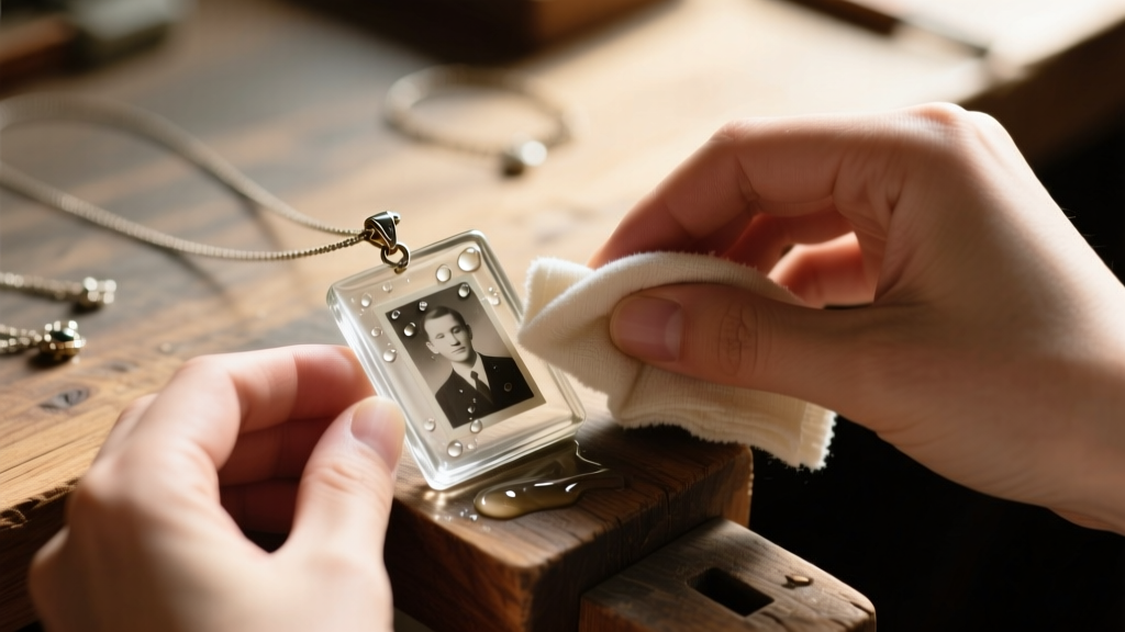 Hands cleaning a glass picture pendant necklace with a soft microfiber cloth and mild soapy water on a wooden jewelry workbench.