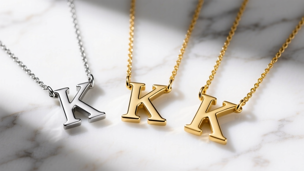 Three letter K necklaces in steel, vermeil, and solid gold on white marble, showing differences in metal color and chain width.