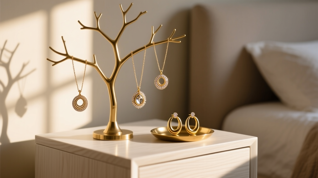 Solid brass jewelry tree on a white oak nightstand holding three layered pendant necklaces and gold hoops in warm morning sunlight