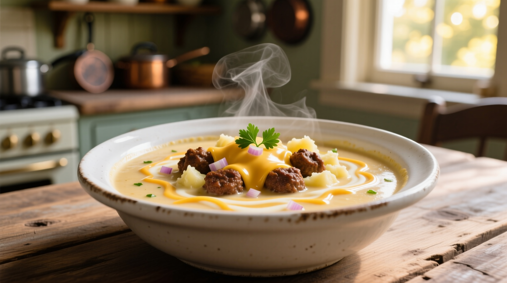 Creamy cheesy potato and hamburger soup in white bowl