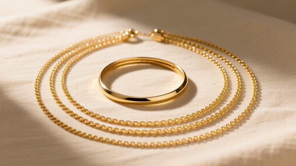 Flat lay of a layered stack featuring a 14k gold 36-inch sautoir, an 18-inch choker, and a 24-inch chain on beige linen fabric.