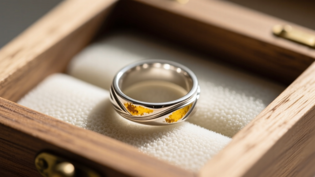 Sterling silver ring showing early yellow silver sulfide tarnish resting on an acidic polyurethane foam pad inside a wooden box.