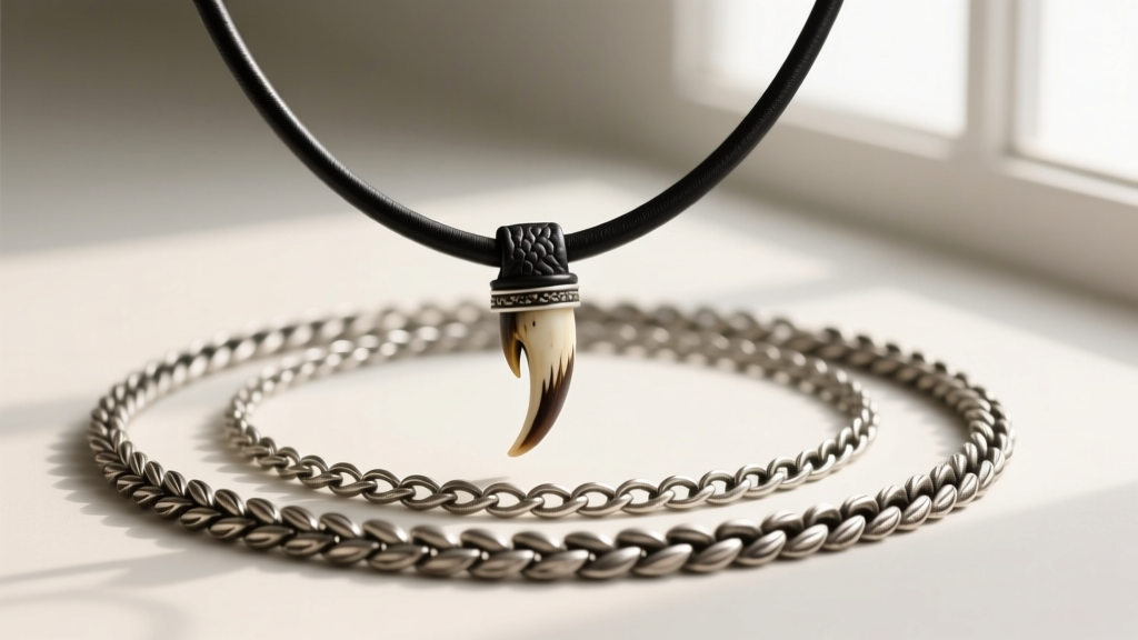 Layered necklace arrangement featuring a 20-inch black leather cord with a boar tooth and a 24-inch oxidized silver wheat chain