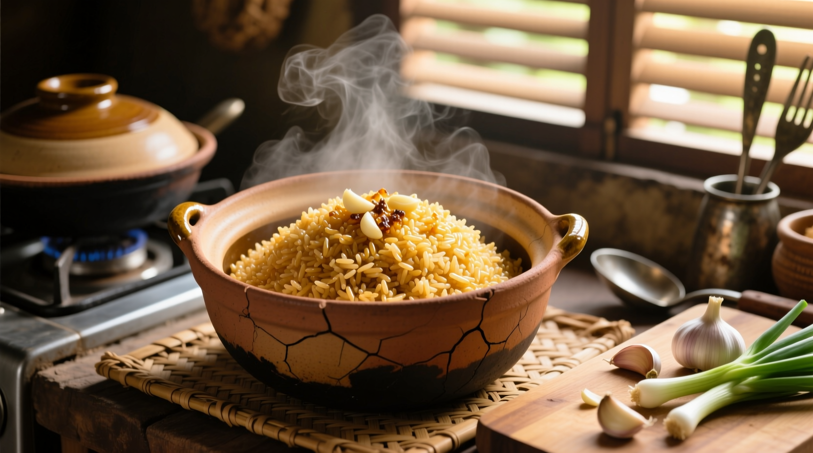 Golden Filipino garlic rice in traditional clay pot