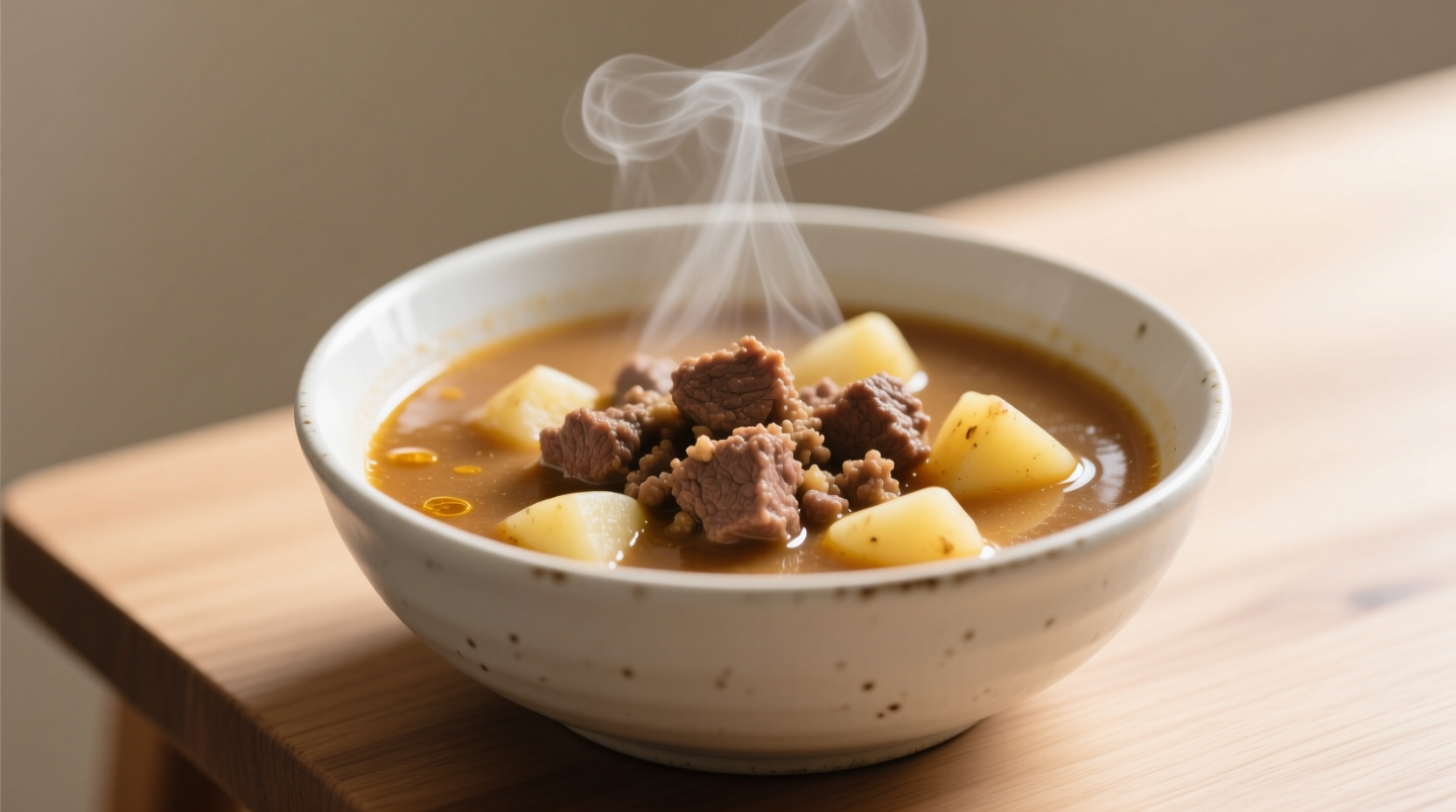 Busy weeknight dinner of beef potato soup using lean ground beef, showing creamy texture with visible potato chunks and herbs