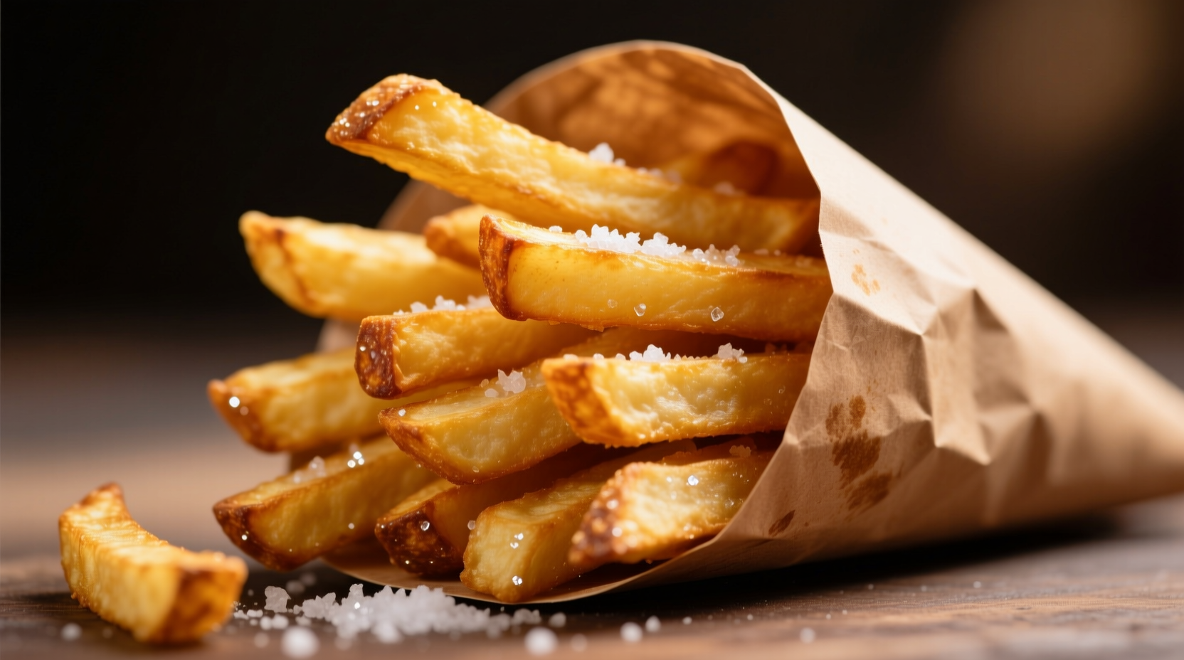 Perfect golden french fries in a paper cone